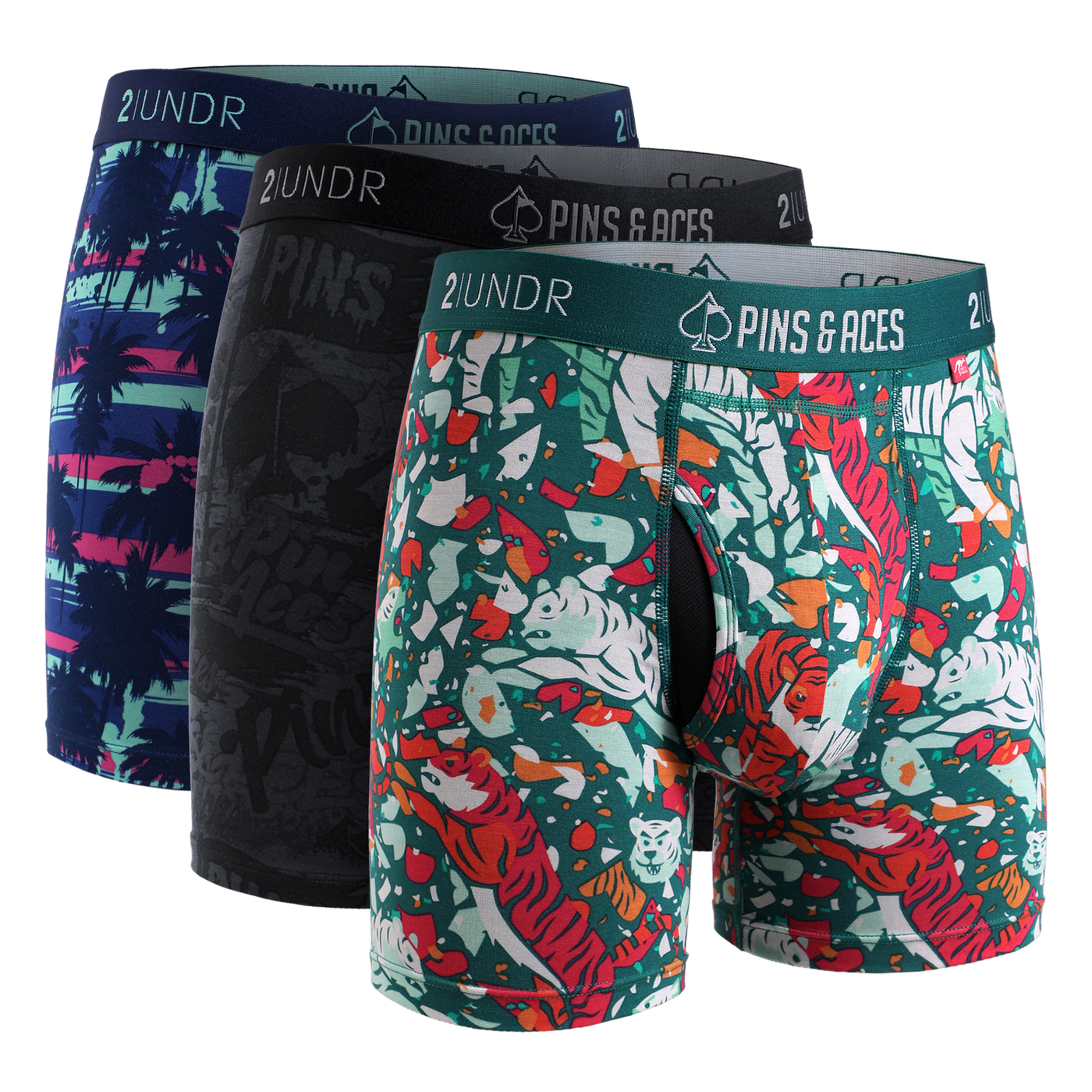 Swing Shift 6" Boxer Brief - 3 Pack Boxset -  Pins & Aces | Graffiti/Tiger/Palm